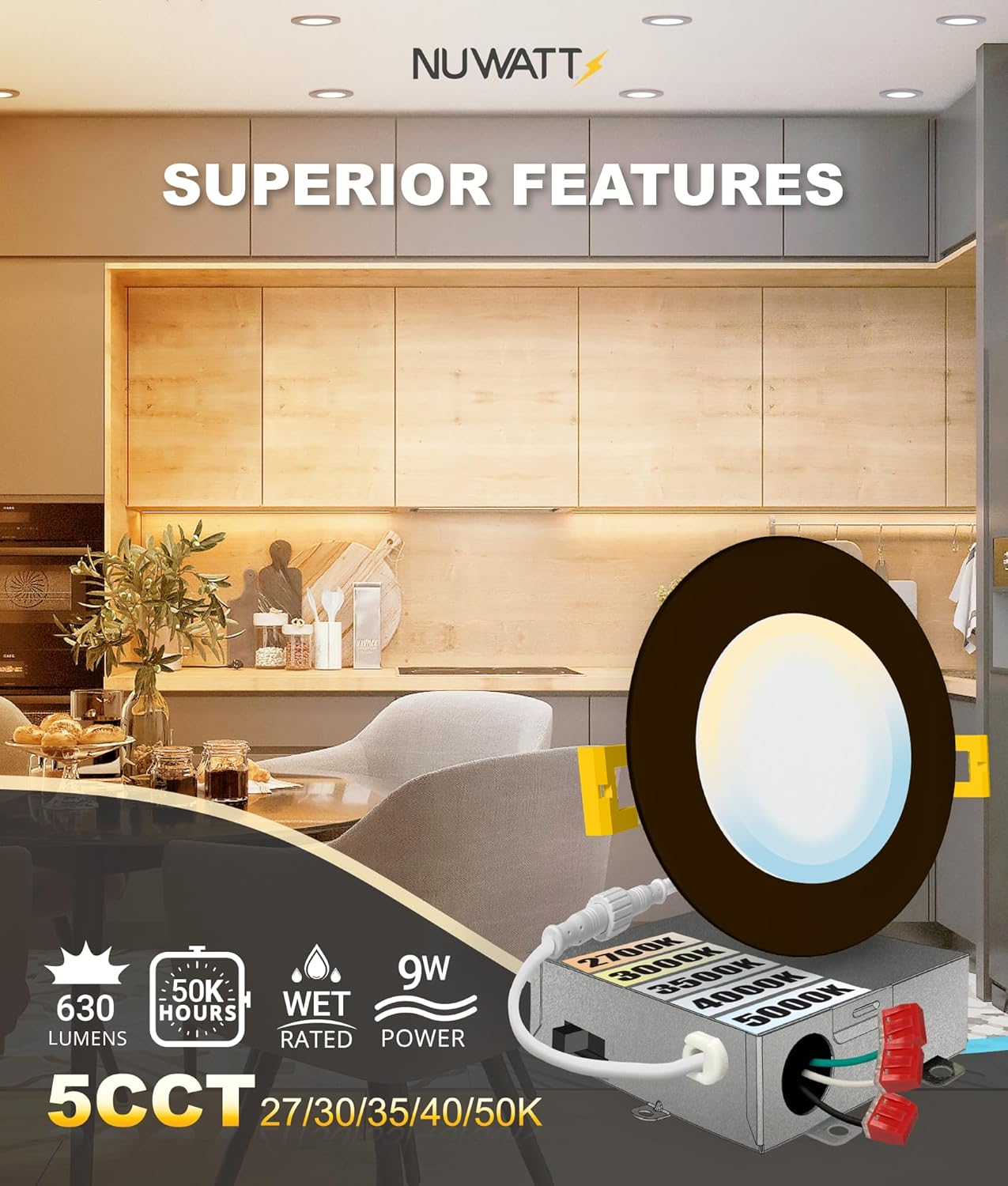 NUWATT 12 Pack 4 Inch Ultra-Thin Bronze LED Recessed Lighting, 5CCT 2700K/3000K/3500K/4000K/5000K Selectable, 630 Lumens, IC Rated, Dimmable Canless Wafer Light, Slim Panel Light, Metal J-Box, ETL