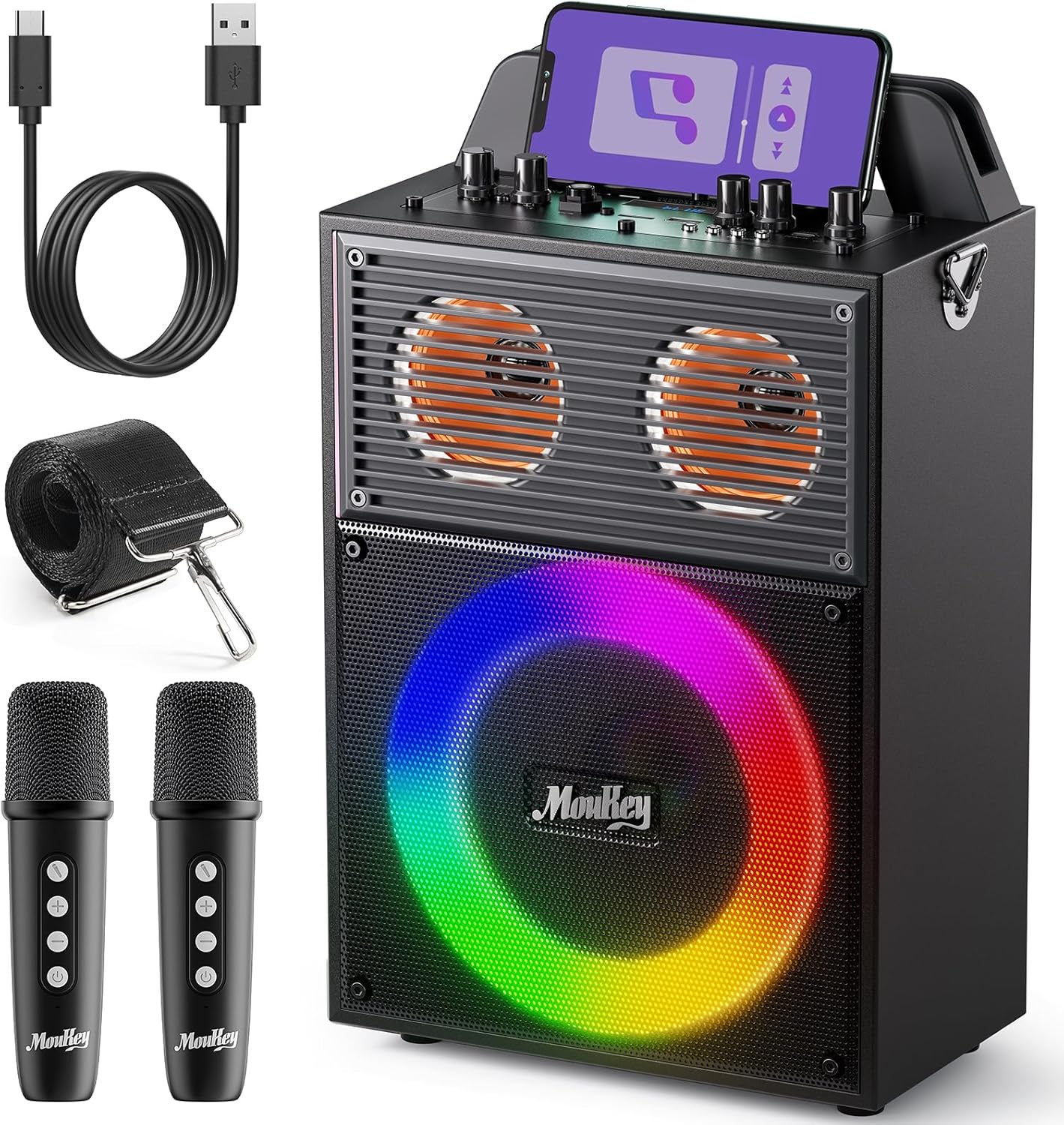 Moukey Karaoke Machine for Adults Kids Portable PA System Bluetooth Karaoke Speaker with 2 Wireless Microphones Party Speaker with Disco Light