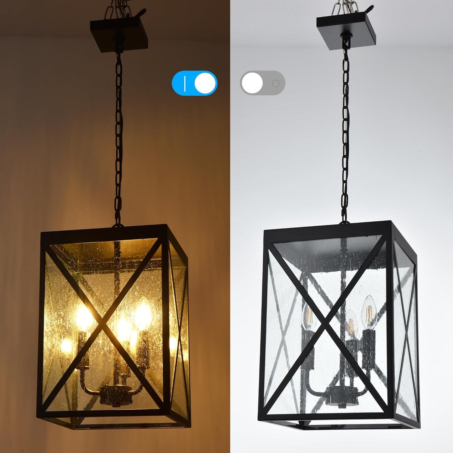 MELUCEE Outdoor Pendant Light for Porch 3-Light Exterior Hanging Light Ceiling Lantern with Seeded Glass Shade, Outdoor Chandelier Black for Patio