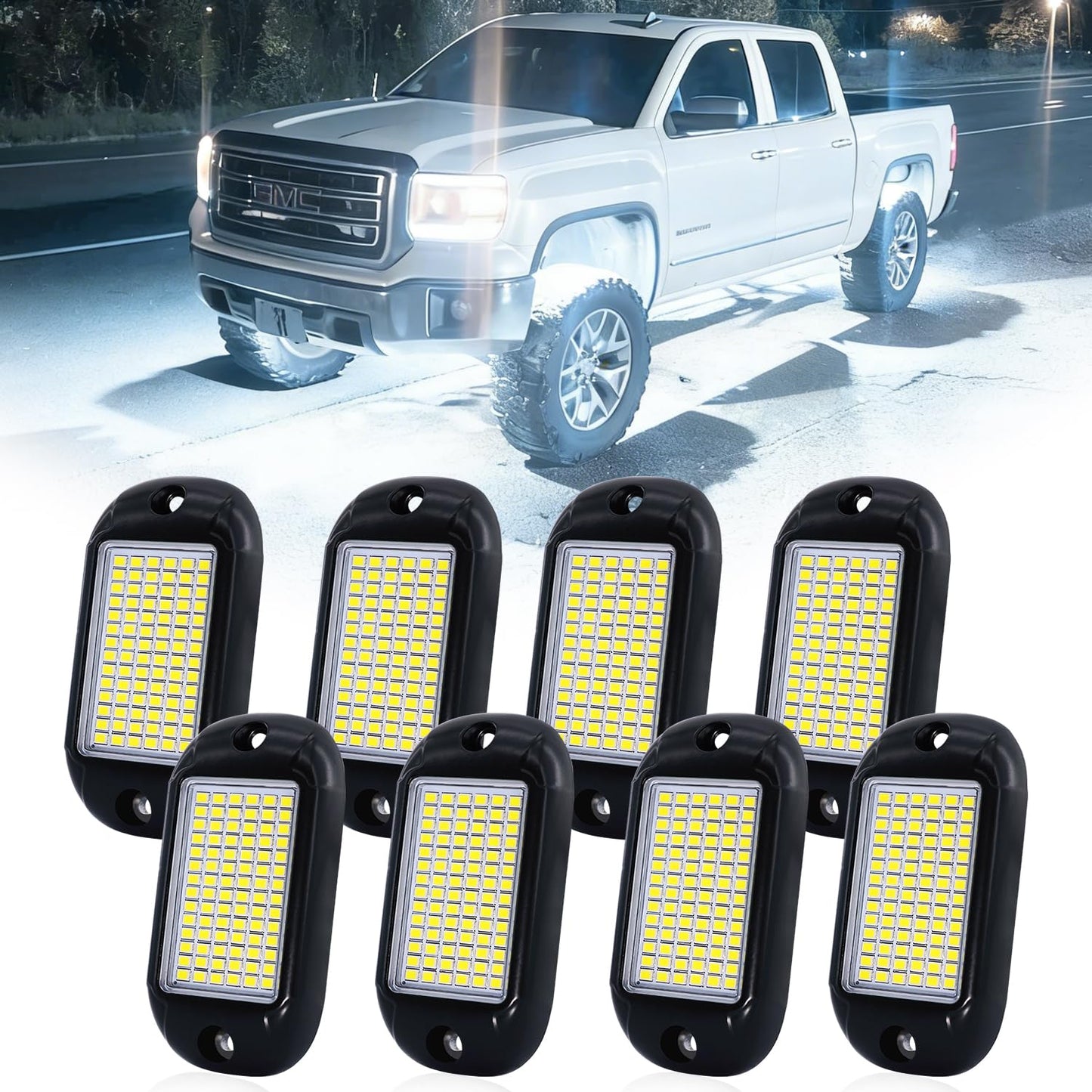 84 LEDs per pod Metal Aluminum Pure White Rock Lights 6000k Neon underglow Light IP68 Waterproof for Bike Motorcycle Pickup Trucks SUV ATV Pack 8