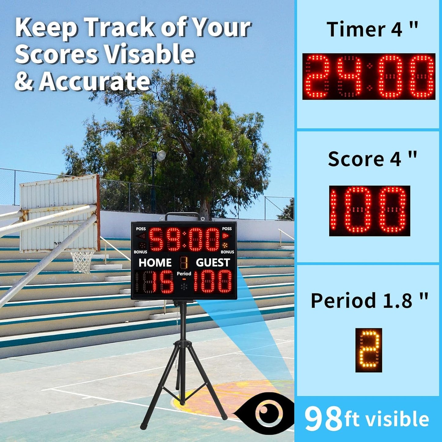 LUCKY TIME Digital Scoreboard with Remote for Sports Games, Display Score with Timer,Built-in Battery & Buzzer, Coach Supplies