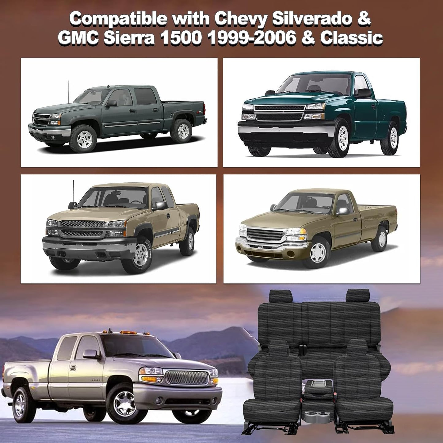 Seat Covers for Chevy Silverado & GMC Sierra 1500 1999 2000 2001 2002 2003 2004 2005 2006 Fabric Products Protector Interior Accessories，Waterproof & Machine Washable-Black (Full)