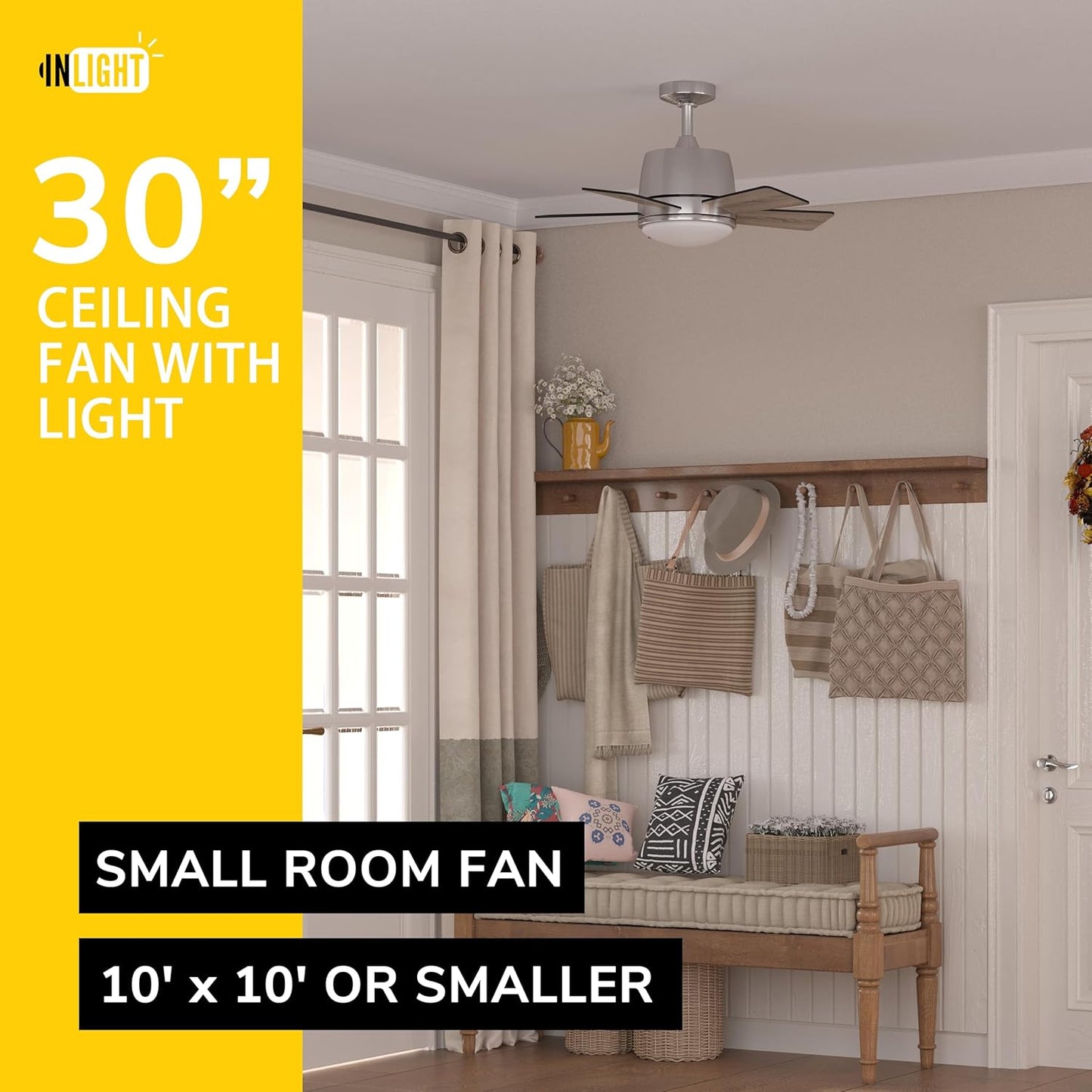 Inlight 30' Integrated LED Indoor Brushed Steel AC Motor Ceiling Fan with Light and Remote, Five Reversible Blades in a Black and Barnwood Finishes,