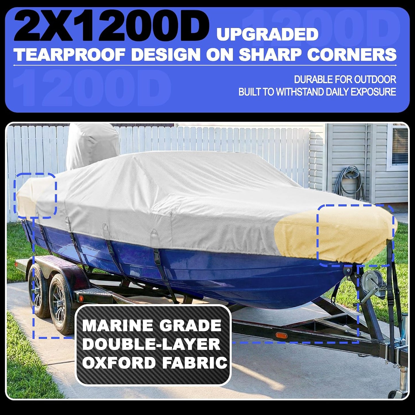 FOCEAN Boat Covers 16-18ft 1200D Waterproof Heavy Duty Marine Tarp Gray Cover, Fits Bass, V-Hull, Tri-Hull, Runabout & Fish Ski Boats with Storage Bag
