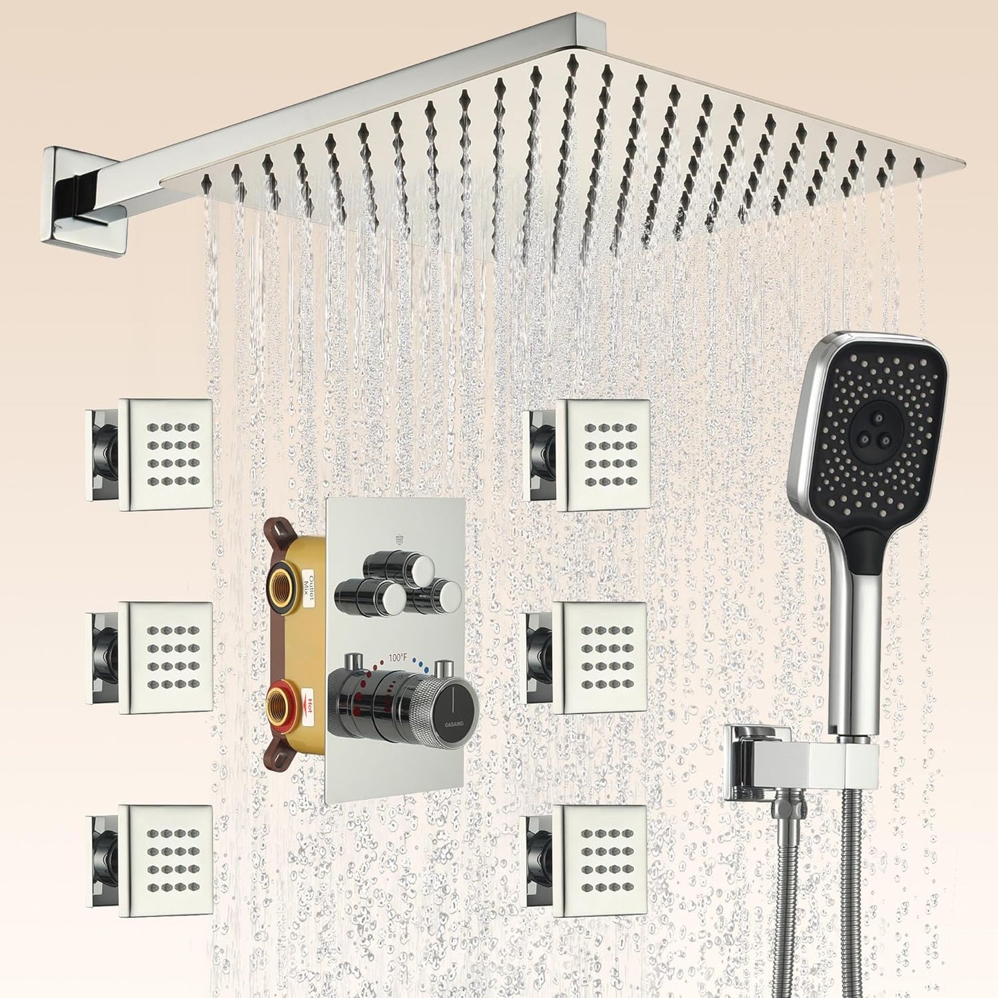 Thermostatic Shower System with 6 Body Jets, 12 Inch Wall Mount 3 Function Rain Shower with Handheld Spray Brass Shower Faucet Set Full Body Luxury