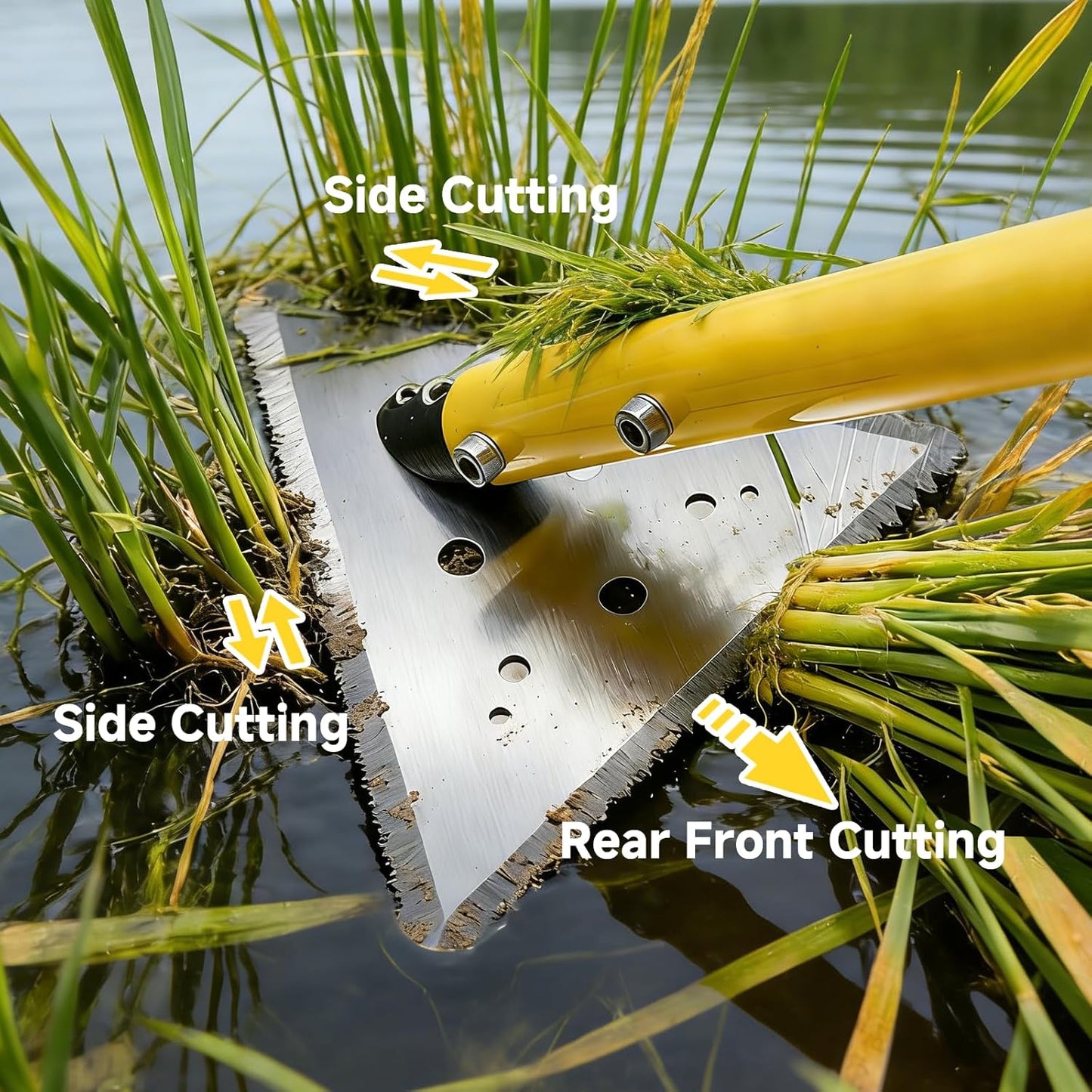 Pond Cattail/ Garden Weed Cutting Tool, Three-Sided Blade, Three Aluminum Poles, Yellow.