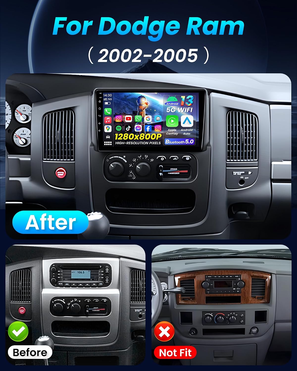 Car Stereo for Dodge Ram 1500 Radio 2002-2005: 9 Inch Touch Screen Upgrade Apple CarPlay Android Auto Bluetooth GPS Navi 5G WiFi Backup Camera Support Steering Wheel Control FM