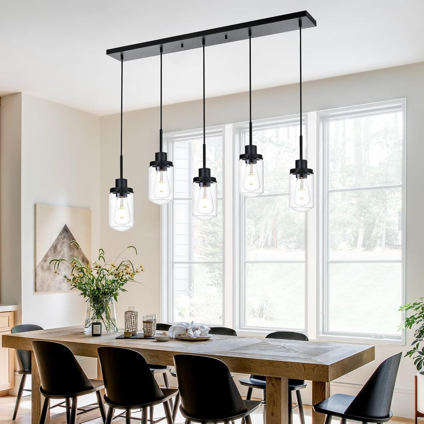 5-Light Dining Room Light Fixtures Hanging Linear Chandeliers for Dining Room, Farmhouse Black with Glass Shades