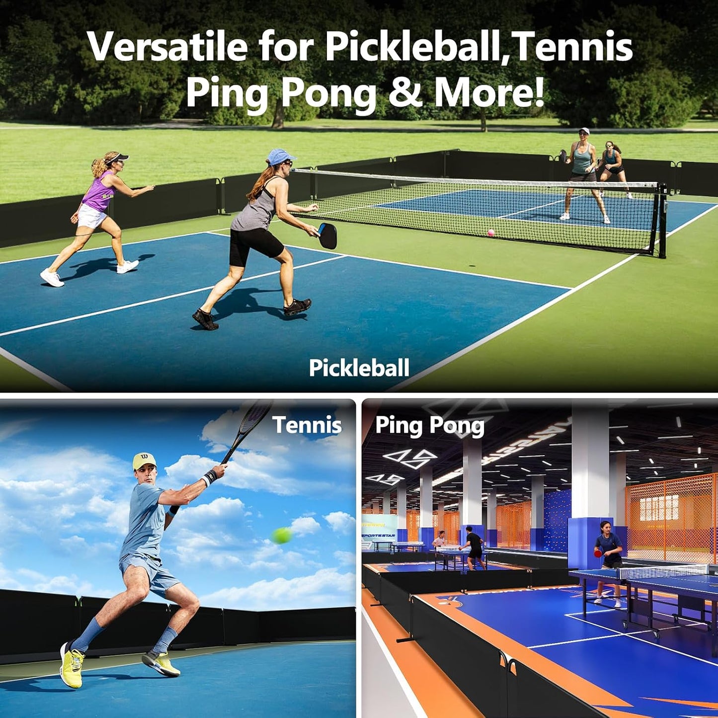 Pickleball Court Dividers, 3 Extra-Large Ball Barrier Panels-10×2.5 ft Each, Portable Pickleball Baffle Barrier to Block Stray Balls, Pickleball Field Fence (Upgrade All-Black, 3)