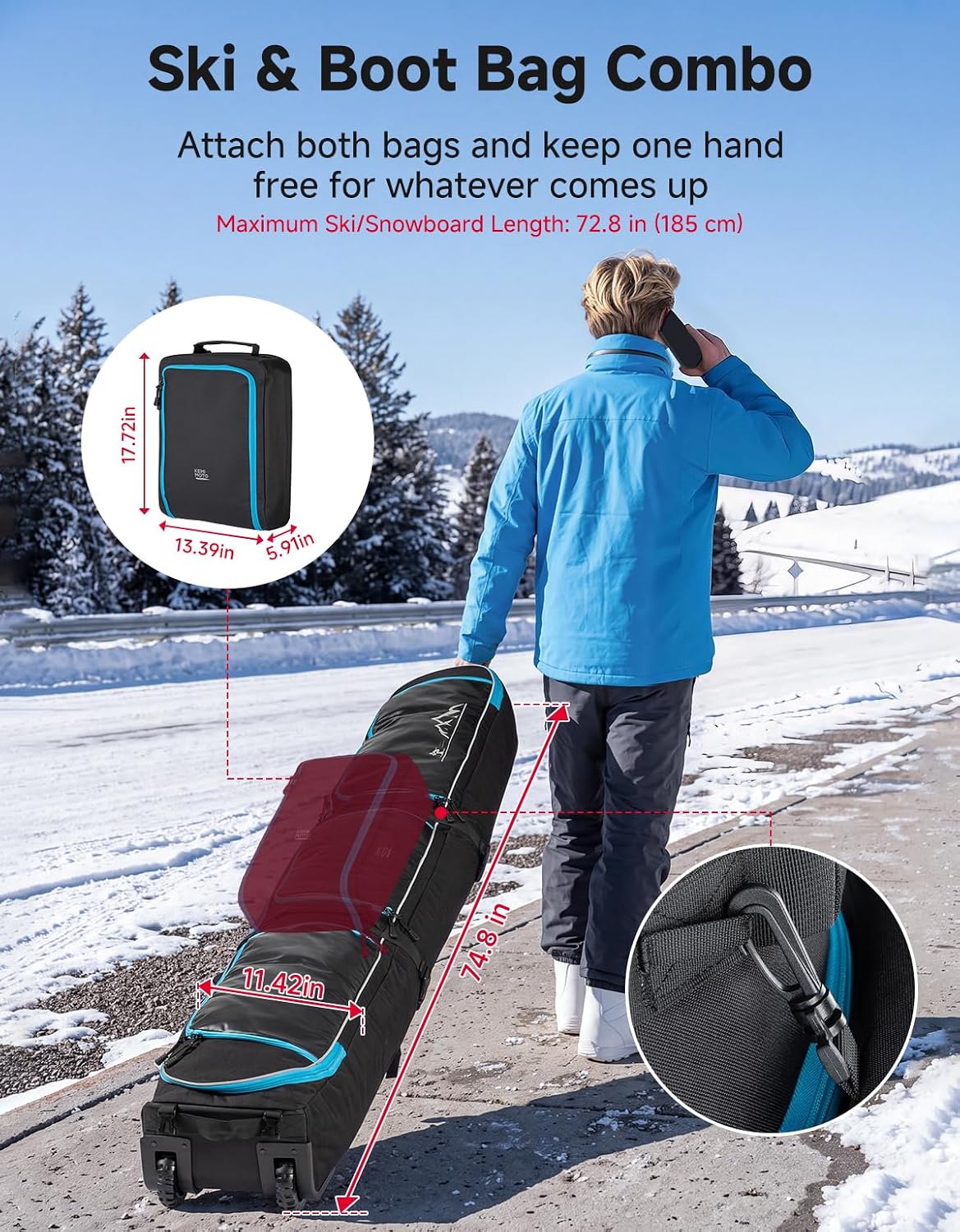 KEMIMOTO Padded Ski Bag with Wheels for Skis and Snowboards, Boot Bag Combo