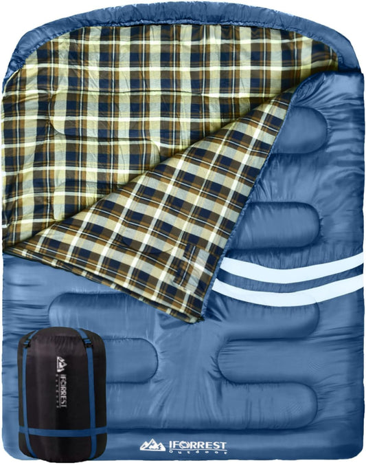 Cotton Flannel Double Sleeping Bag for Adults - 2 Person 10°F Cold Weather Couples Camping Bed(All Seasons), Extra-Wide & Warm - Queen Sized XXL