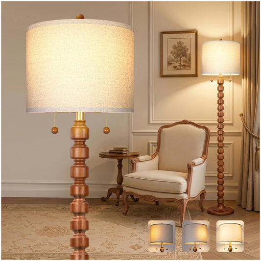 Scenekoy 63.5”H Solid Wood Floor Lamp for Living Room Bedroom, Pull Chain