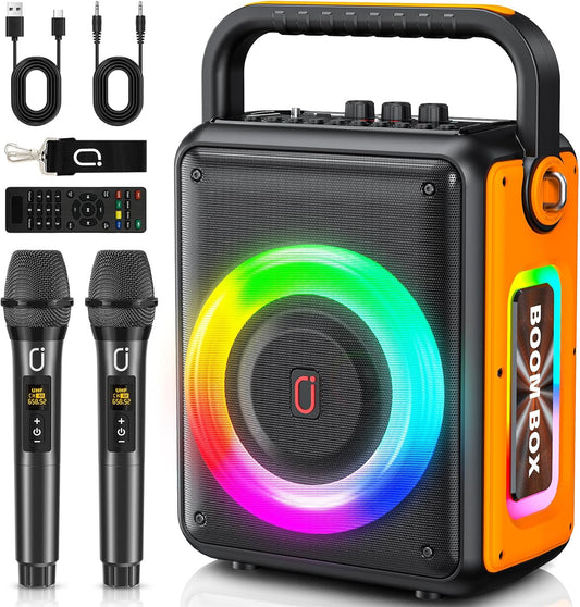 PPMIC Karaoke Machine for Adults and Kids, Portable Outdoor Bluetooth Speaker with 2 Wireless Microphones Supports DJ Ligh