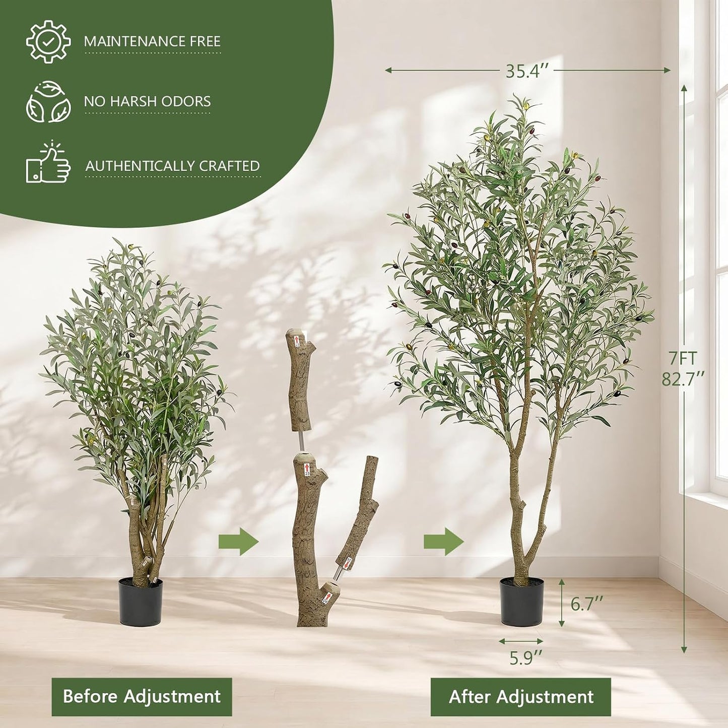Faux Olive Trees Indoor, 7FT Tall Fake Olive Tree with Black Planter | Fake Potted Olive Silk Tree, Olive Wood Trunk and Lifelike Fruits Artificial Plants for Home Living Room Office Decor Indoor
