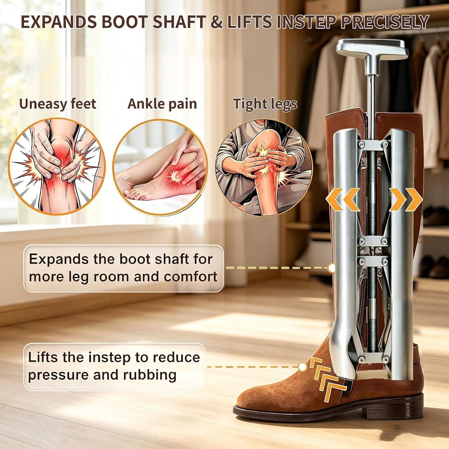 Professional Cast Aluminum Combination Boot Instep & Shaft Stretcher, Adjustable.Expander, Unisex Tool Relieves Tightness on Ankle, Calf & Lower Leg, Fits Most Tall Leather Boots