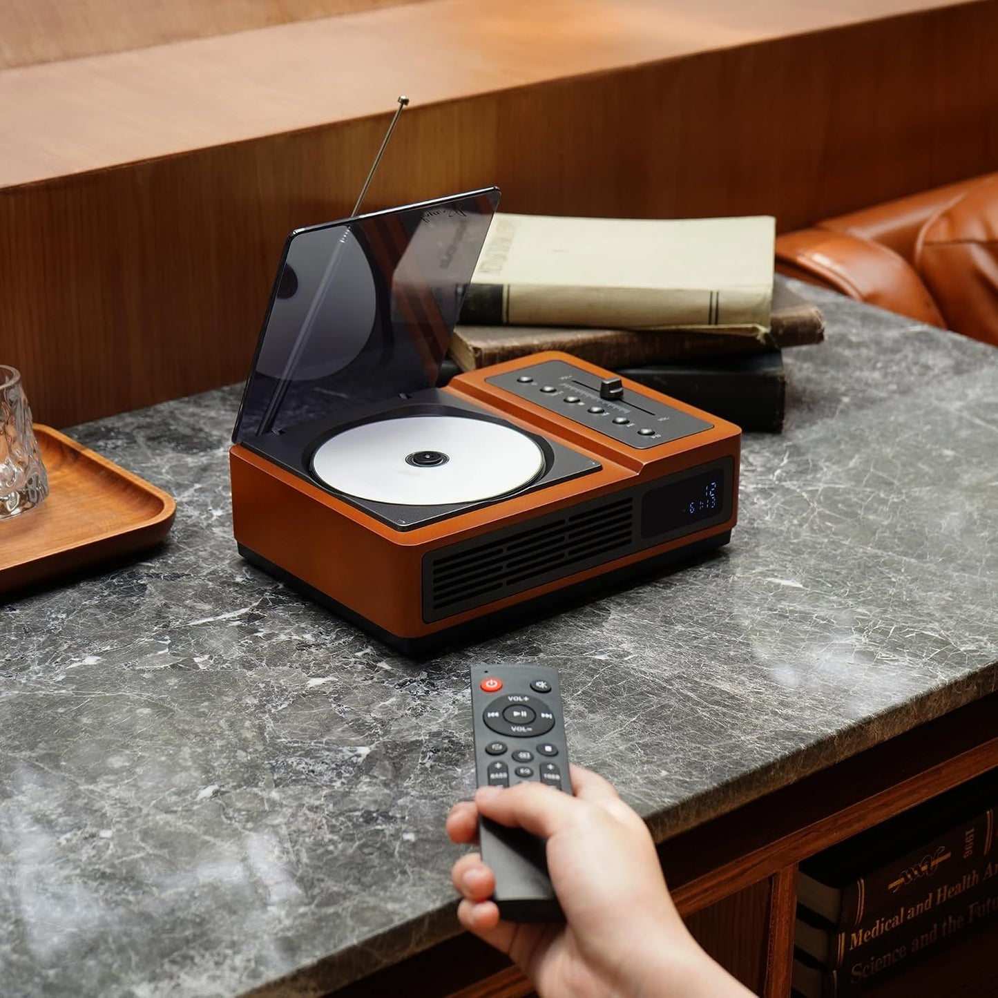 R02 Retro CD Player with FM Radio, Bluetooth 5.3 Transmitter & Receiver, Dual Stereo Speakers, Rechargeable Battery, USB/SD Playback, Home Audio System, Brown