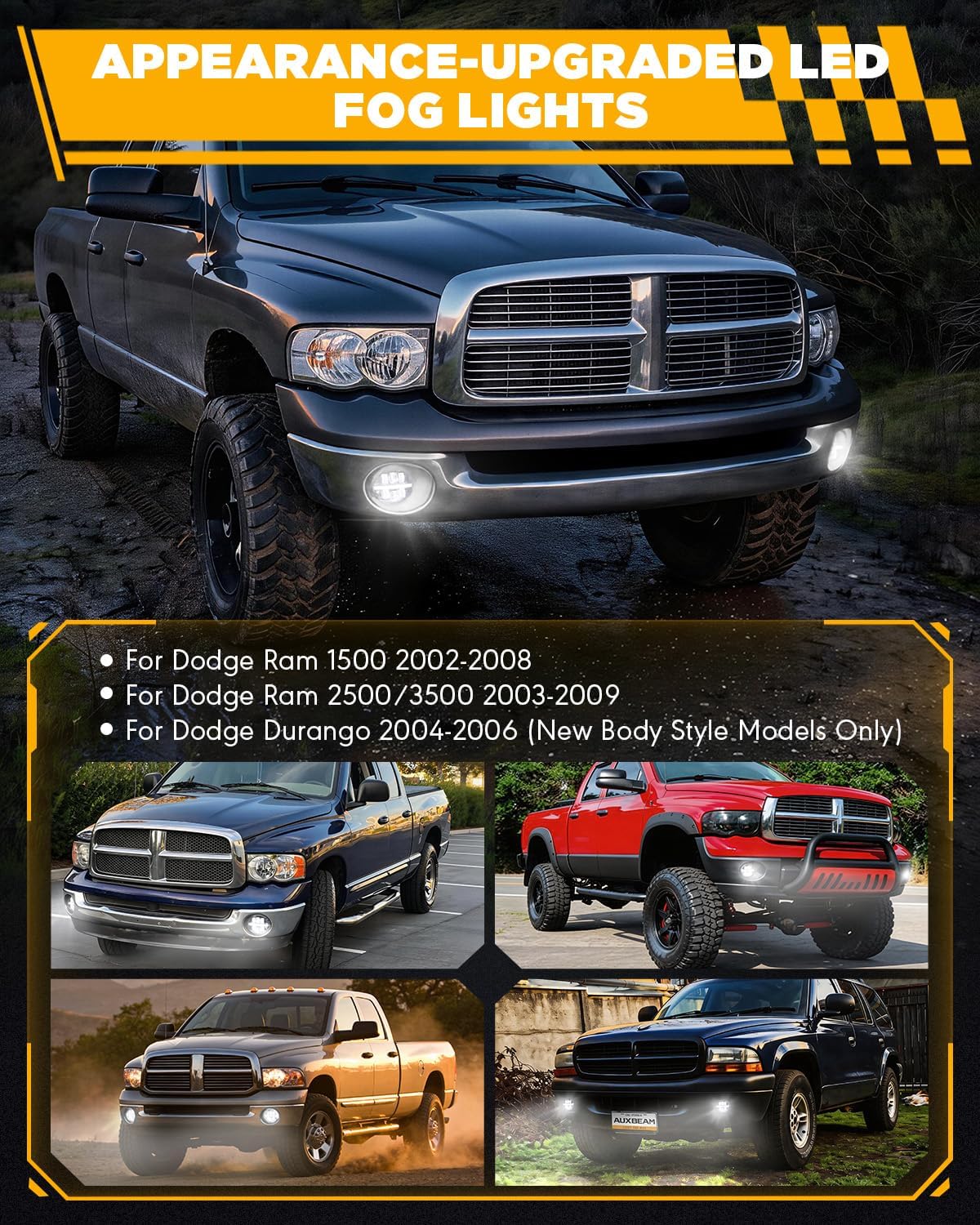 Auxbeam New LED Fog Lights with DRL, DOT Approved Bumper Fog Lamps for Dodge Ram 1500 2002-2008 Dodge Ram 2500/3500 2003-2009 Durango 2004-2006, 1 Pair Black