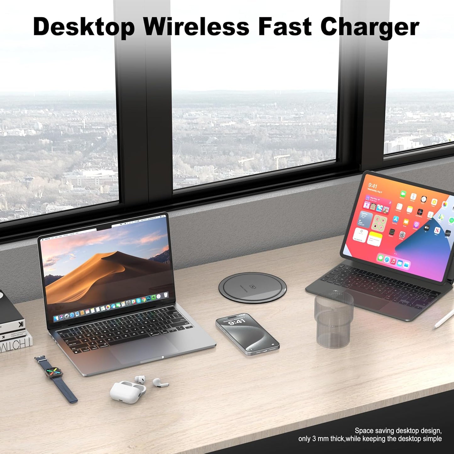 Pop Up Countertop Outlet with 15W Wireless Charger, 4 AC Outlets & PD 20W USB-C Fast Charging Station, 4.75 inch Desk Power Grommet Outlet Connect 6FT