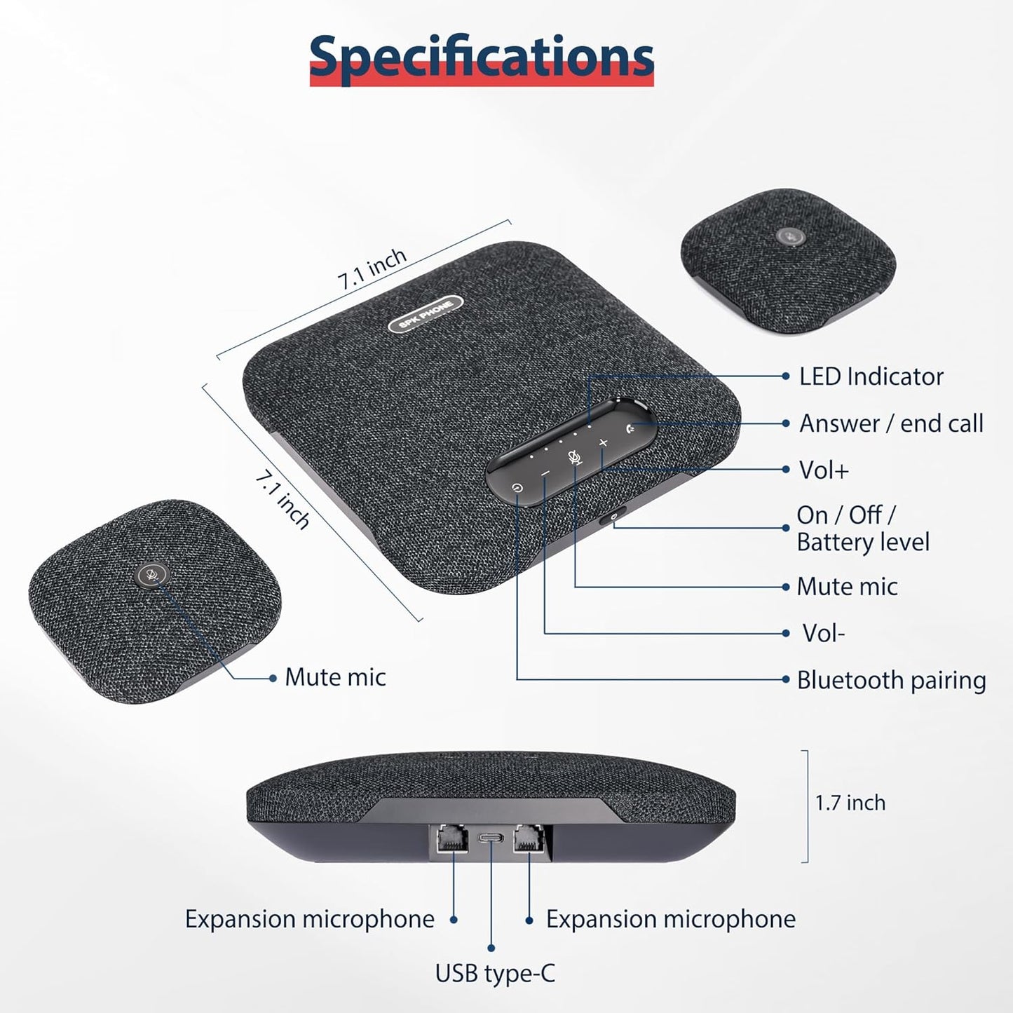 Conference Speaker and Microphone, Bluetooth/USB Speakerphone with 2 Expansion Mics, 360 Enhanced Voice Picku