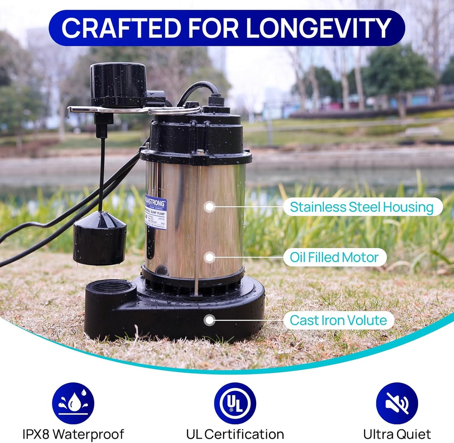 AQUASTRONG 1/2 HP Sump Pump Submersible, 3830 GPH Stainless Steel and Cast Iron Sump Pump, Automatic Integrated