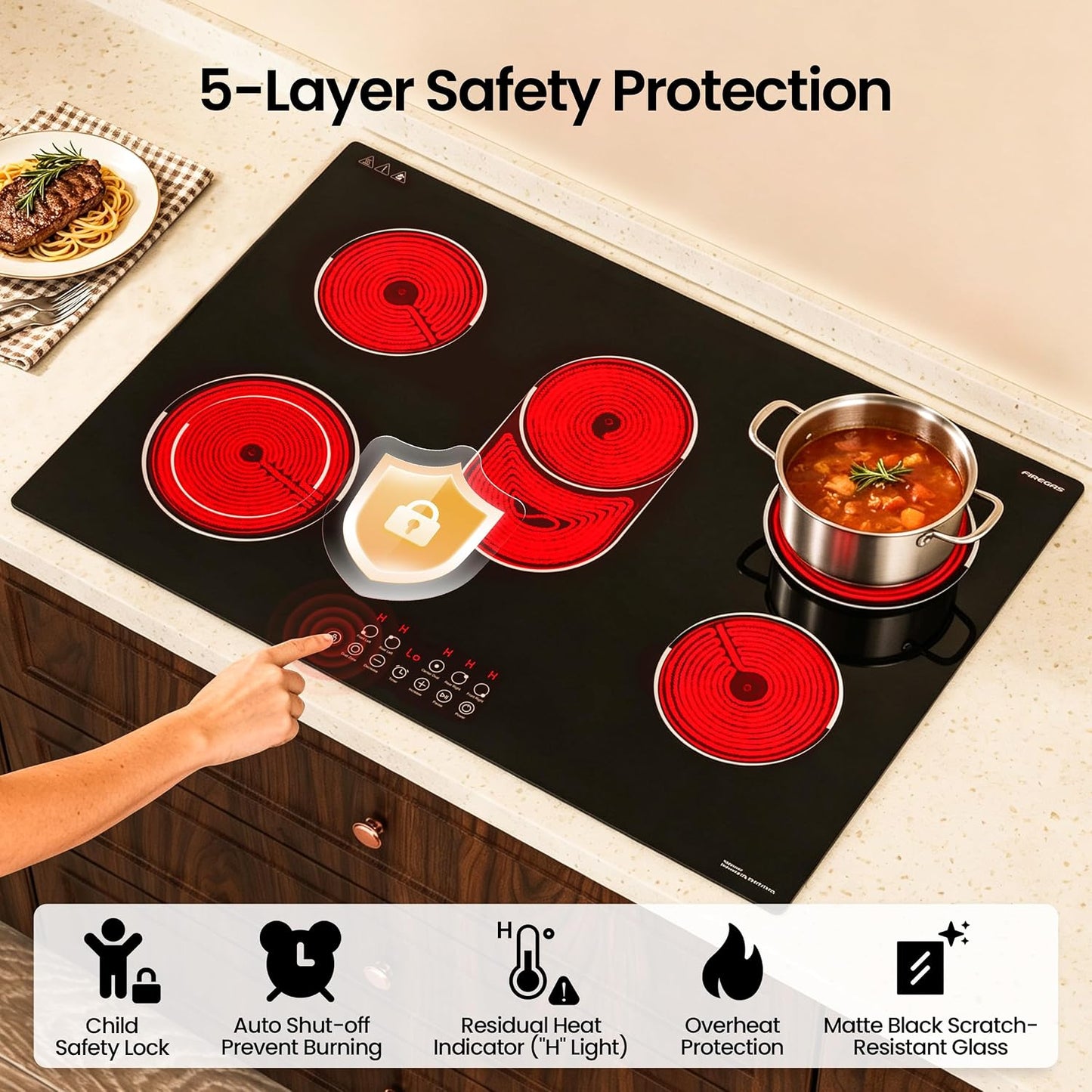 FIREGAS 30 Inch Electric Cooktop 5 Burners, Built-in Ceramic Stove Top with Matte Glass & Touch Control, 30" Radiant Electric Cooktop with Dual Ring & Oval Zone, Timer, Child Lock, 220-240V Hardwired