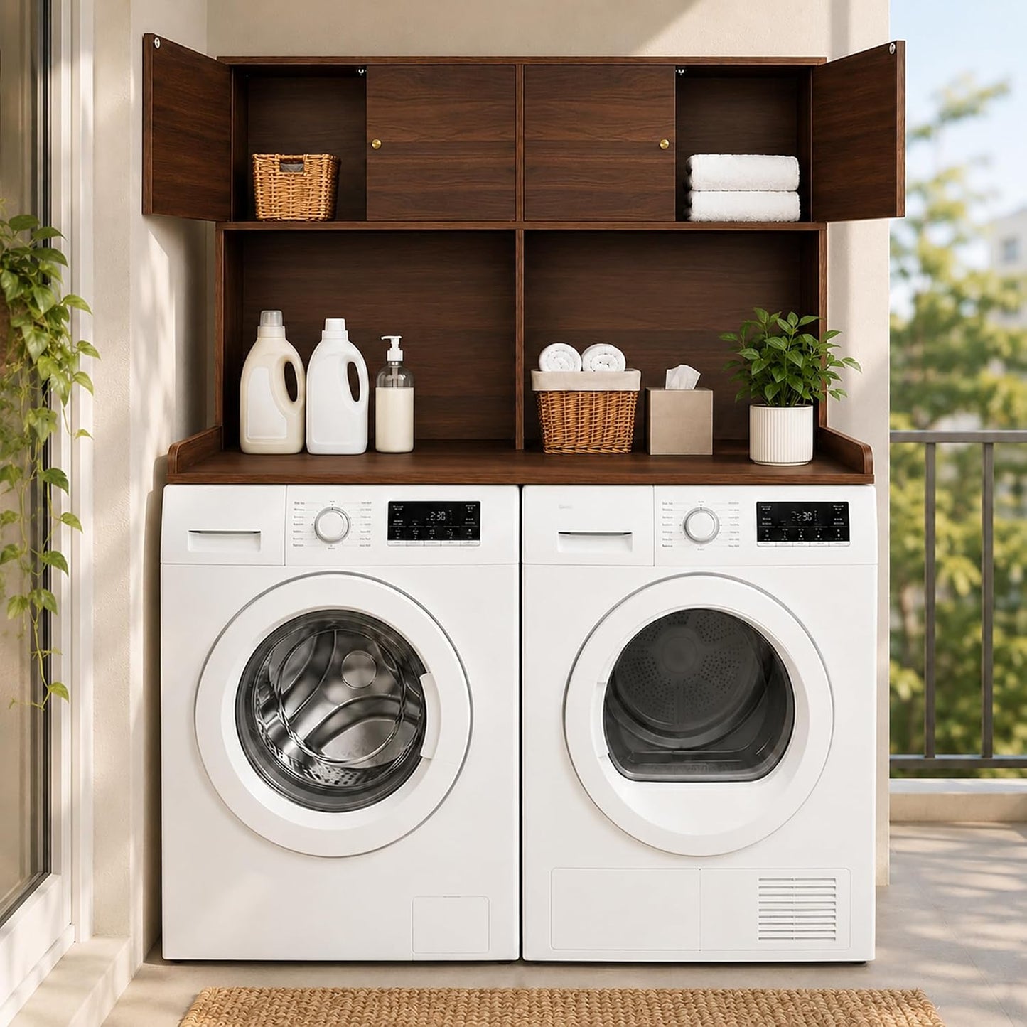 Washer Dryer Countertop with Cabinets, Laundry Countertop with Shelf, Washer and Dryer Topper with Edge, Over Washer and Dryer Shelves for Laundry Room Storage Organization, Universal Fit Walnut Dual