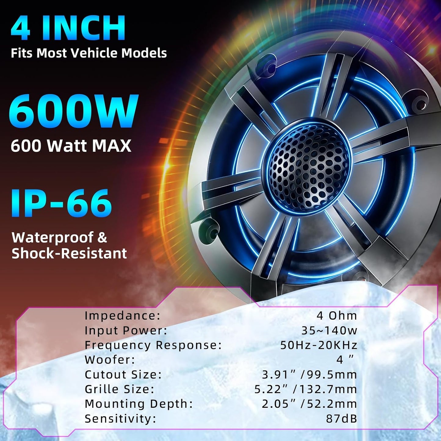 4" 600W Marine Speakers, IP-X6 Waterproof Boat Stereo Speakers with LED Lights,Coaxial Audio, Y35 Woofer, UV & Salt Spray Resistant (Pair, Black，A)