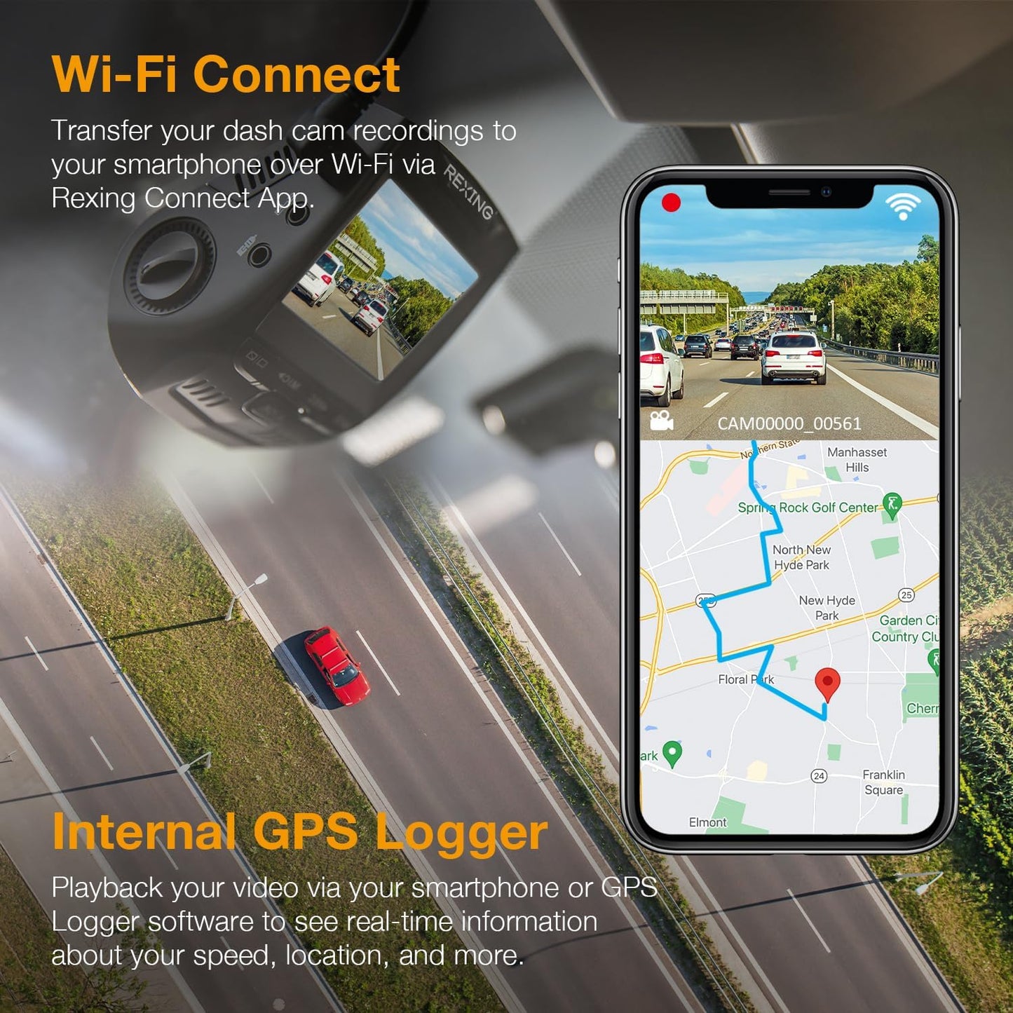 RexingUSA V1GW-4K UltraHD Dash Cam: GPS Logger, Wi-Fi, 170 Wide Lens, 2.4' LCD, WDR, Loop Record, 256GB Support, App-Enabled, Supercapacitor Tech