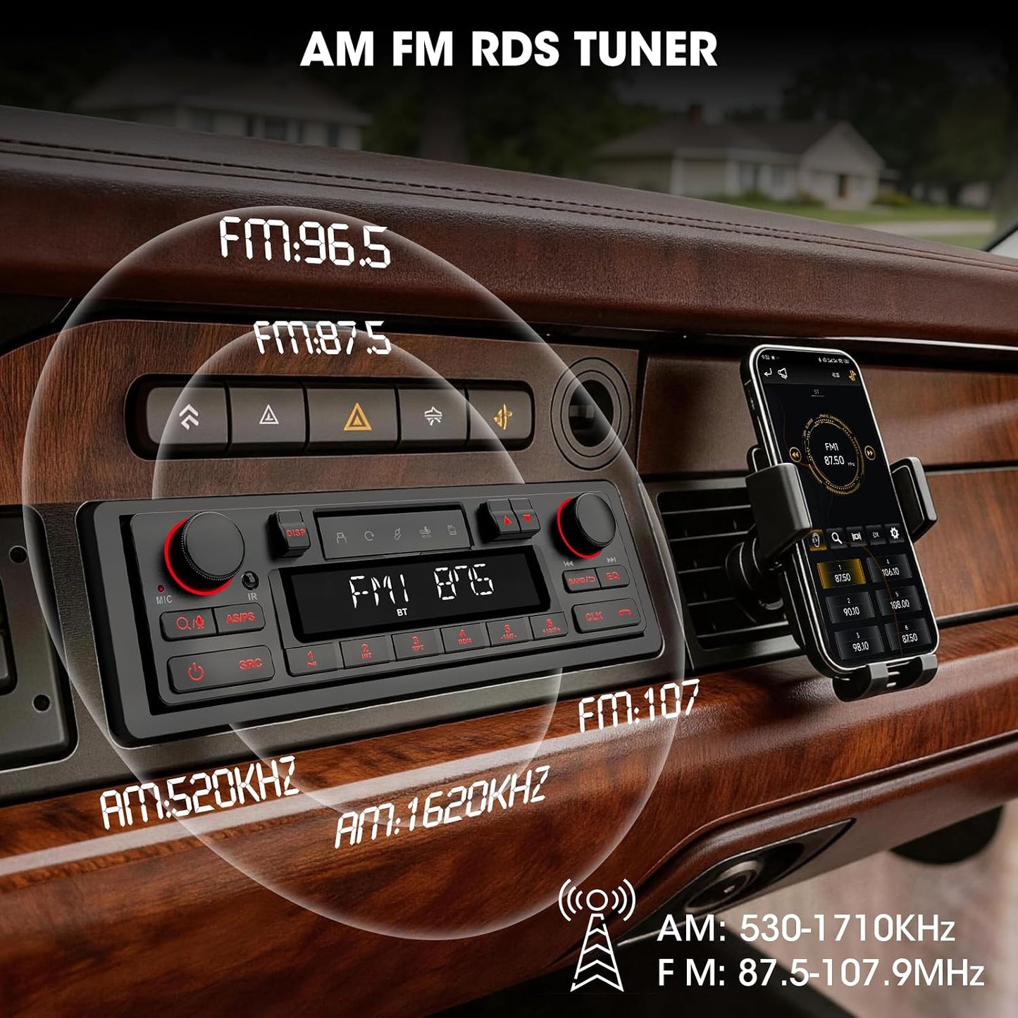 Single Din Retro Bluetooth Radio: European Style Stereo for Classic Cars | HD LCD Display FM AM USB SD AUX-In Type-C Charge Preset EQ 4-CHN Outputs Black