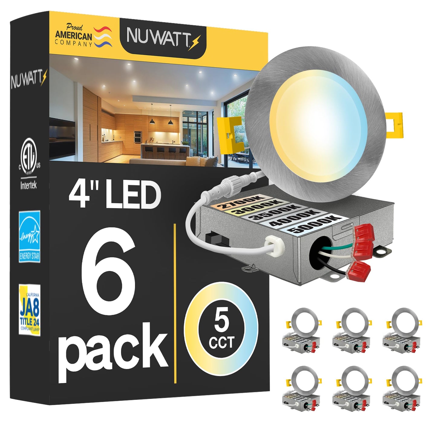 6 Pack, 4 Inch Ultra-Thin Recessed LED Lights Brushed Nickel, 5CCT 2700K/3000K/3500K/4000K/5000K Selectable, 630LM, 9W, IC Rated, Dimmable, Canless Downlight With Junction Box, Energy Star, ETL