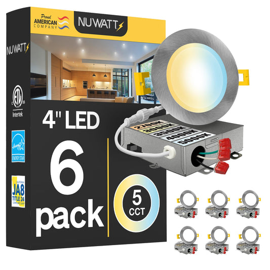 6 Pack, 4 Inch Ultra-Thin Recessed LED Lights Brushed Nickel, 5CCT 2700K/3000K/3500K/4000K/5000K Selectable, 630LM, 9W, IC Rated, Dimmable, Canless Downlight With Junction Box, Energy Star, ETL