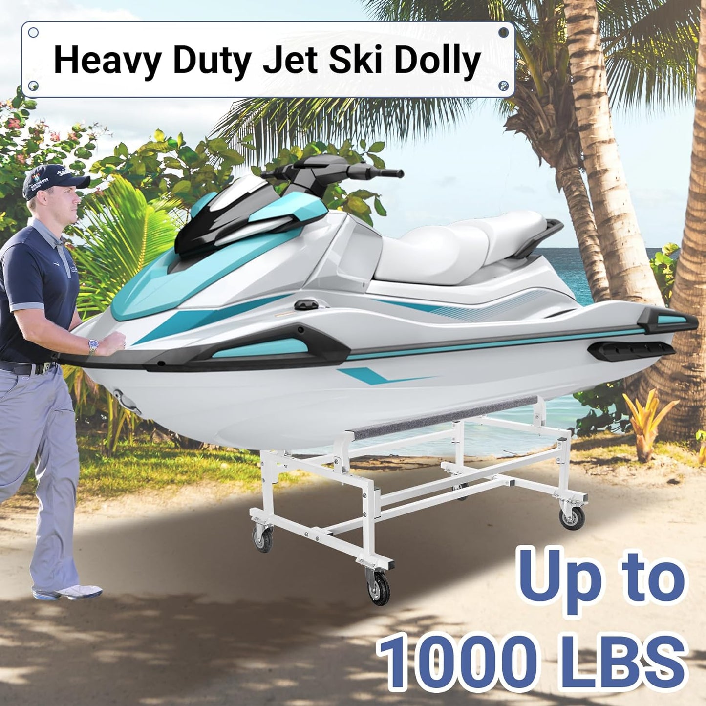 Eastrexon Updated Jet Ski Dolly, Heavy Duty PWC Dolly w/ 5” Swivel Wheels, 1000 LBS Load Capacity, 53”L x 34.3”W x23.4 H, Width Adjustable, Universal for Sea-Doo, Yamaha, Kawasaki