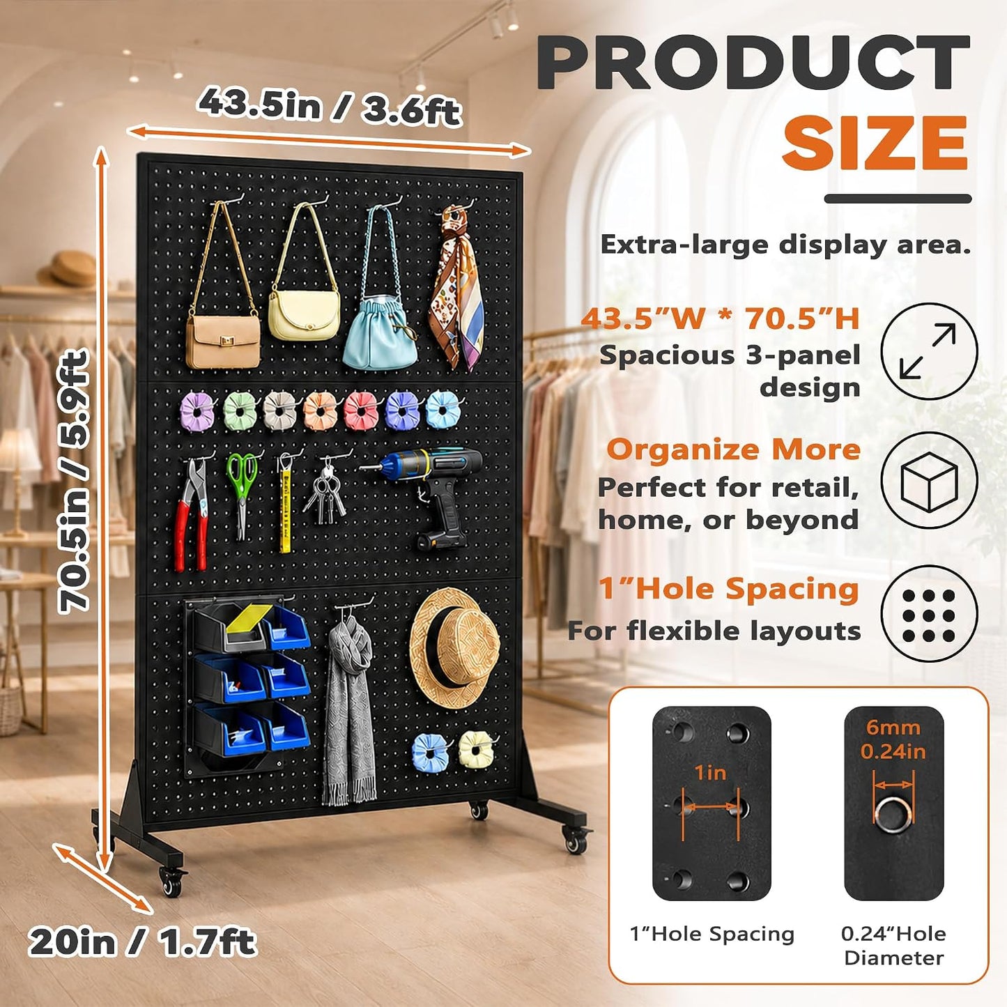 Royxen 43“ x 72”Metal Pegboard with 50 Hooks, Large Peg Board Display Stand with Wheels, Metal Standing Pegboard Display, Art Display Stand for Home&Retail (Black)