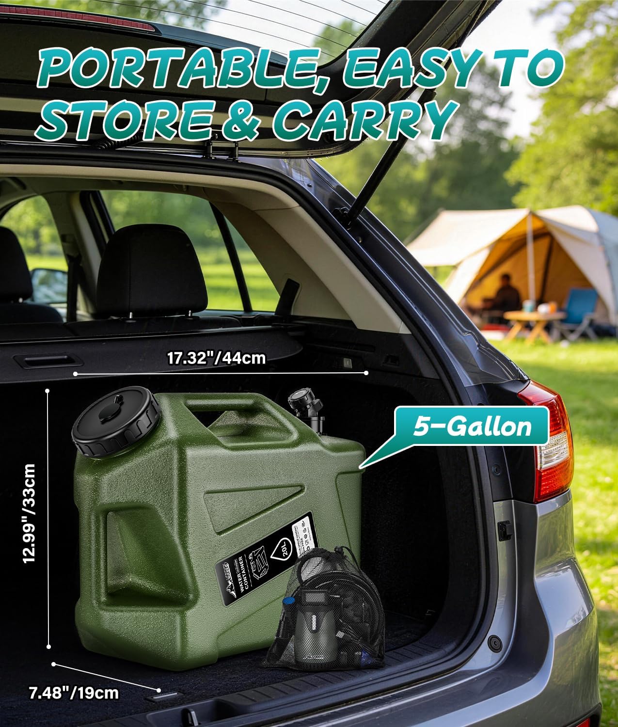 2026 Portable Shower for Camping with 5-Gallon Water Jug, Rechargeable Camping Shower, Food Grade Material Water Containers for Fruit & Vegetables Wash, Integrate Design for Outdoors, Hiking