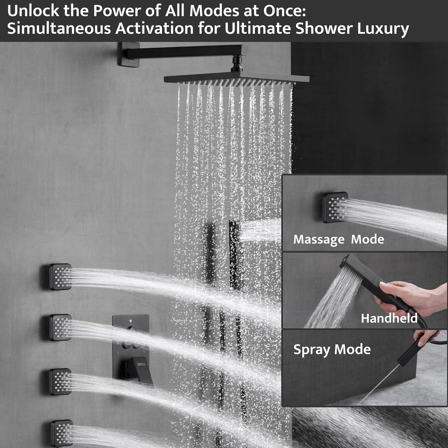 SHOYELA Shower System Matte Black Wall Mount Shower Faucet Set with 4PCS Body Jets, Push Button Diverter Shower Fixtures with 2 in 1 Handheld,10 Inch