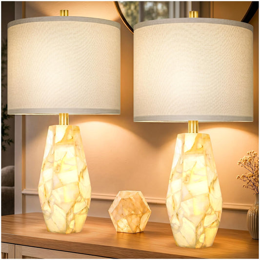 Scenekoy 23" Alabaster Living Room Table Lamp Set of 2 with Night Light, Rotary Switch, Modern Table Lamps with Linen Shade for Bedroom, Living Room, Bedside, Nightstand (Bulb Included)
