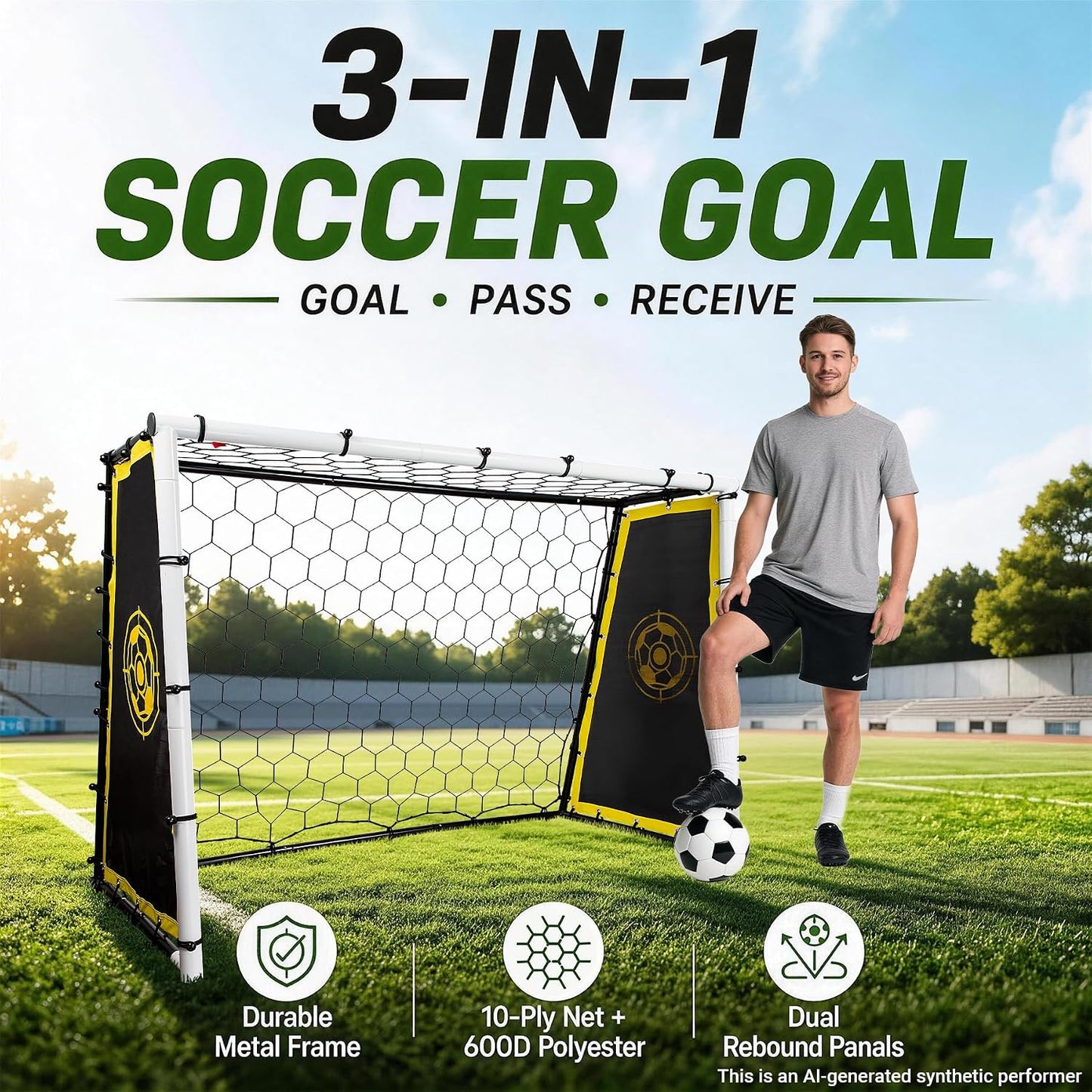 3-in-1 Soccer Goal & Soccer Rebounder, 6x4 ft/7x5 ft Soccer Net | Heavy-duty Steel Frame, 10-Ply Sturdy Net, Practice Shooting, Passing Accuracy & First-Touch Control for All Levels