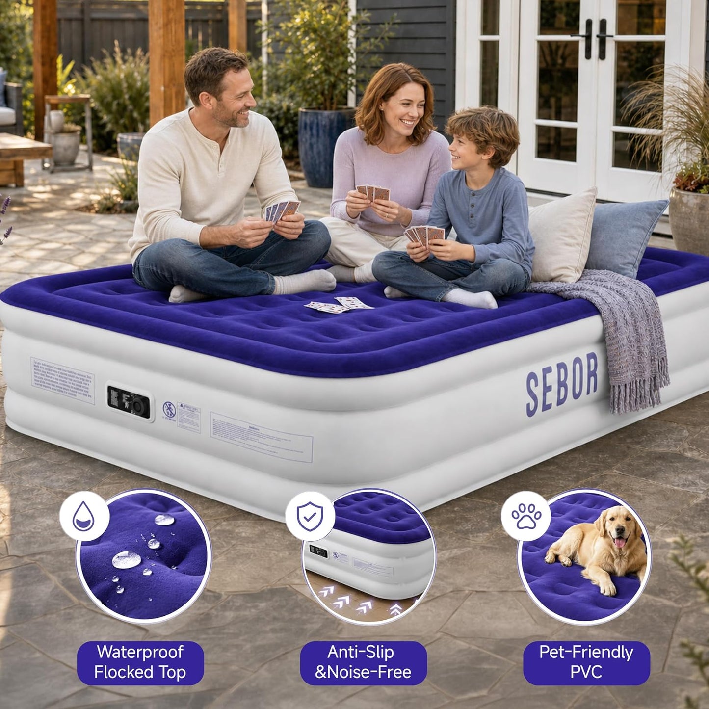 Sebor Air Mattress Queen with Built-in Pump 18",Self-Inflating Blow up Mattress with High-Speed Pump, Durable Twin Size Air Mattress with Storage Bag for Guests,Camping,Travel Blue
