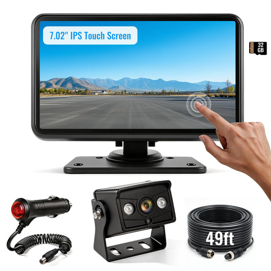 Wired Backup Camera System for Skid Steer, 7.02" DVR IPS Touchscreen with AHD IP69K Water/Dust Proof Rear Camera, Vibration-Proof 20G for Hitching, Tractor, Truck, Heavy Equipment, AYT102