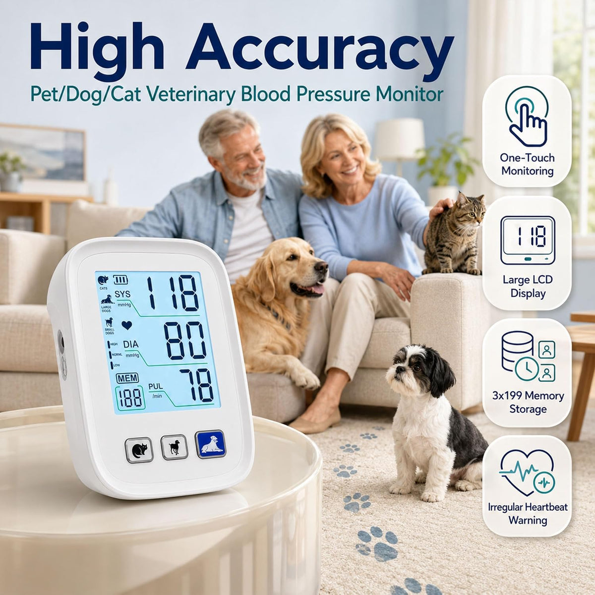Dog & Cat Blood Pressure Monitor, Automatic Digital Pet BP Machine with Large LCD Backlight Display, 3 Size Adjustable Cuffs, 3×199 Data Memory