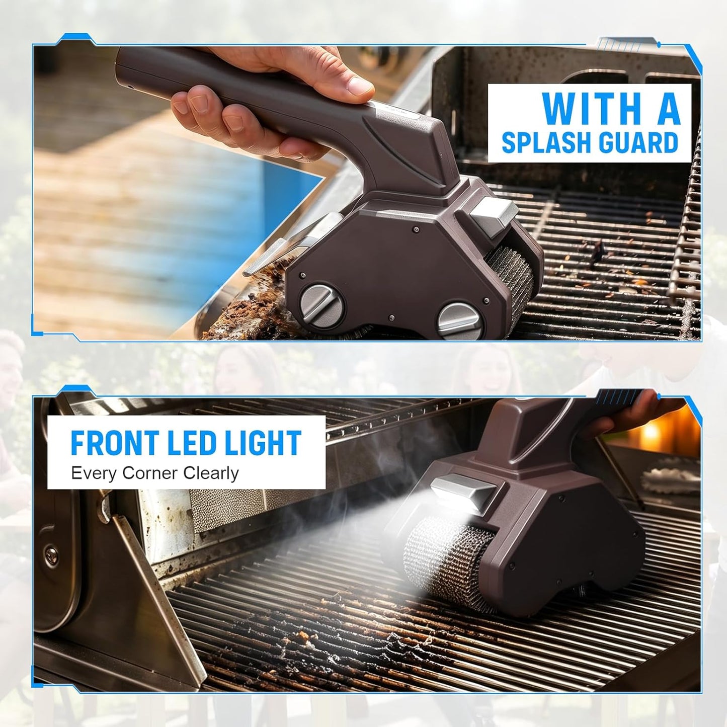 Electric Grill Brush, 350 RPM BBQ Grill Cleaner with Dual Cleaning Heads, 2600mAh Rechargeable Power Grill Scrubber for Outdoor Flat Top, Cast Iron, Barbecue Grates, Brown