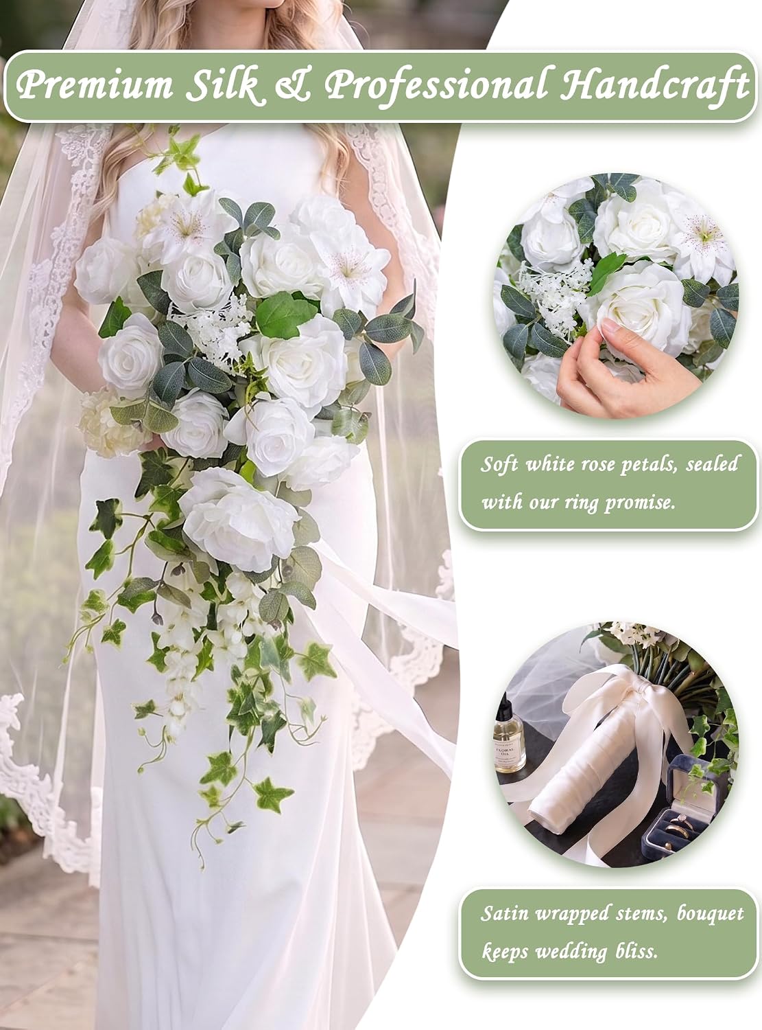 13.7" Wedding Bouquets for Bride,White Silk Cascading Bride Bouquet White & Sage 13.7inch