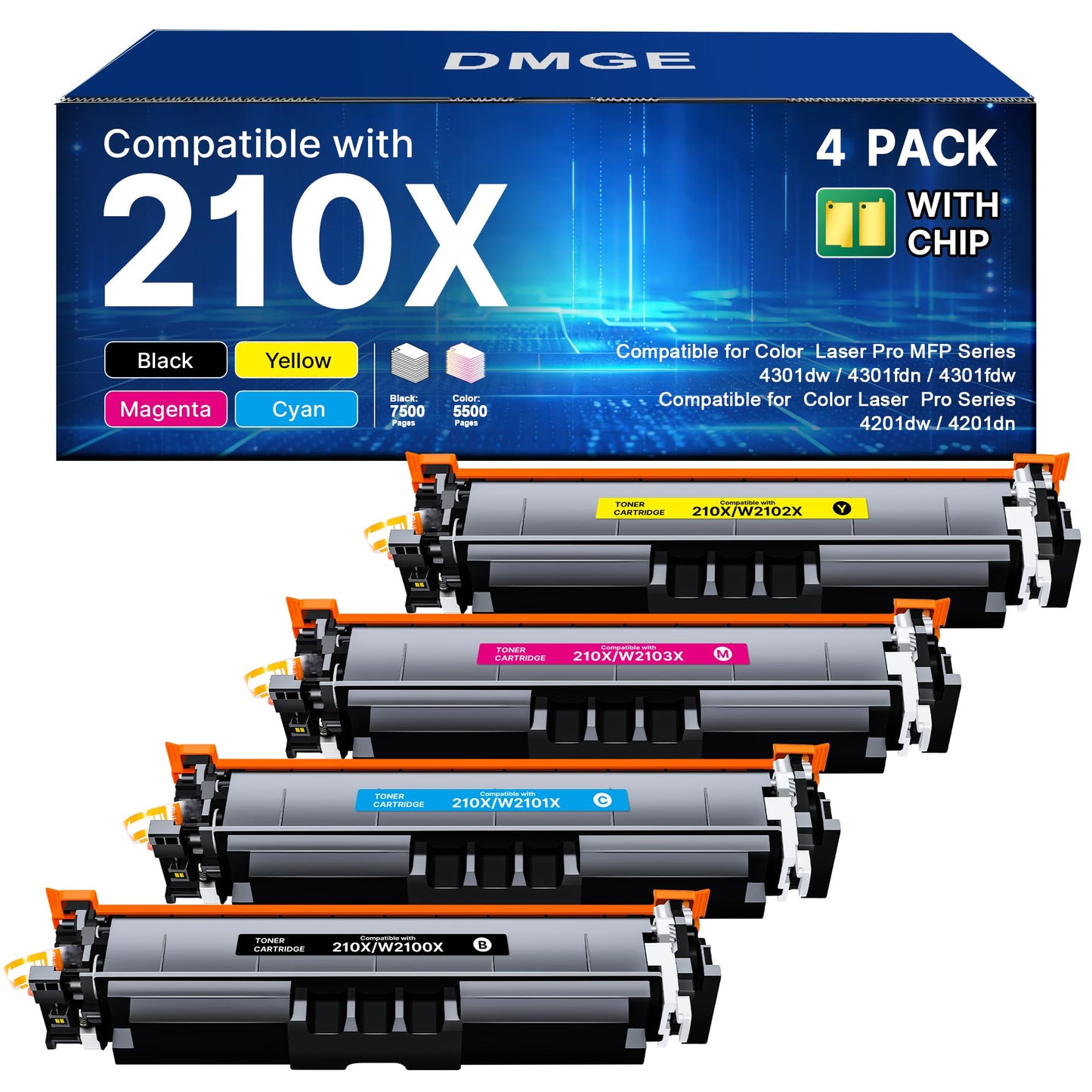 210X Toner Cartridges 4 Pack High Yield (with Chip) Replacement for HP 210X 210A for HP Color LaserJet Pro MFP 4301fdw 4301fdn 4201dw 4201dn Color Pro MFP 4301 4201 Series Printer Ink W2100X W2100A