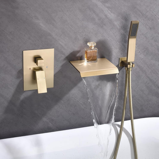 Waterfall Shower Bathtub Faucet Set with Sprayer, Wall Mount Tub Spout with Handheld Shower Head Single Handle Shower Tub Faucet Set Brushed Gold