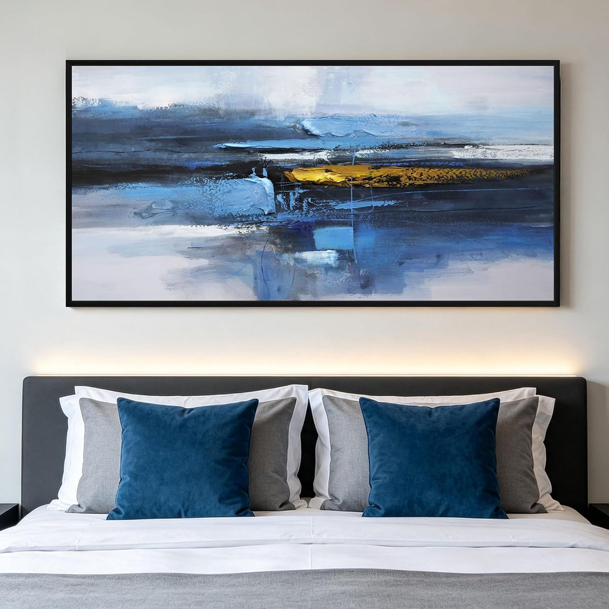 KLAKLA Abstract Wall Art Canvas Framed Picture for Living Room 48x24 Inches Blue and White + Black Framed 48"L x 24"W