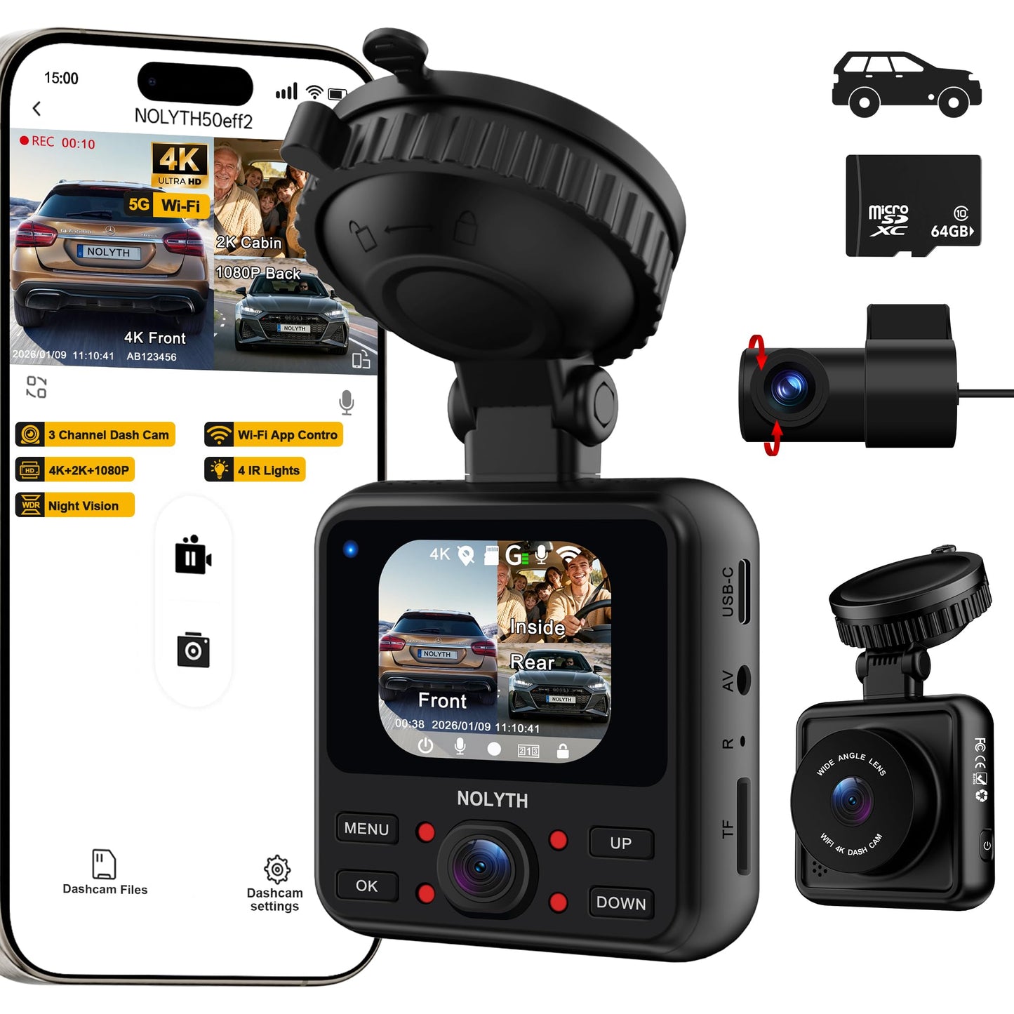 4K Dash Cam Front and Rear: FHD 3 Channel 4K+2K+1080P Dash Camera for Cars with Free 64GB Card 5G Wi-Fi Night Vision G-Sensor 24H Parking Mode for Uber Lyft Families/New Drivers