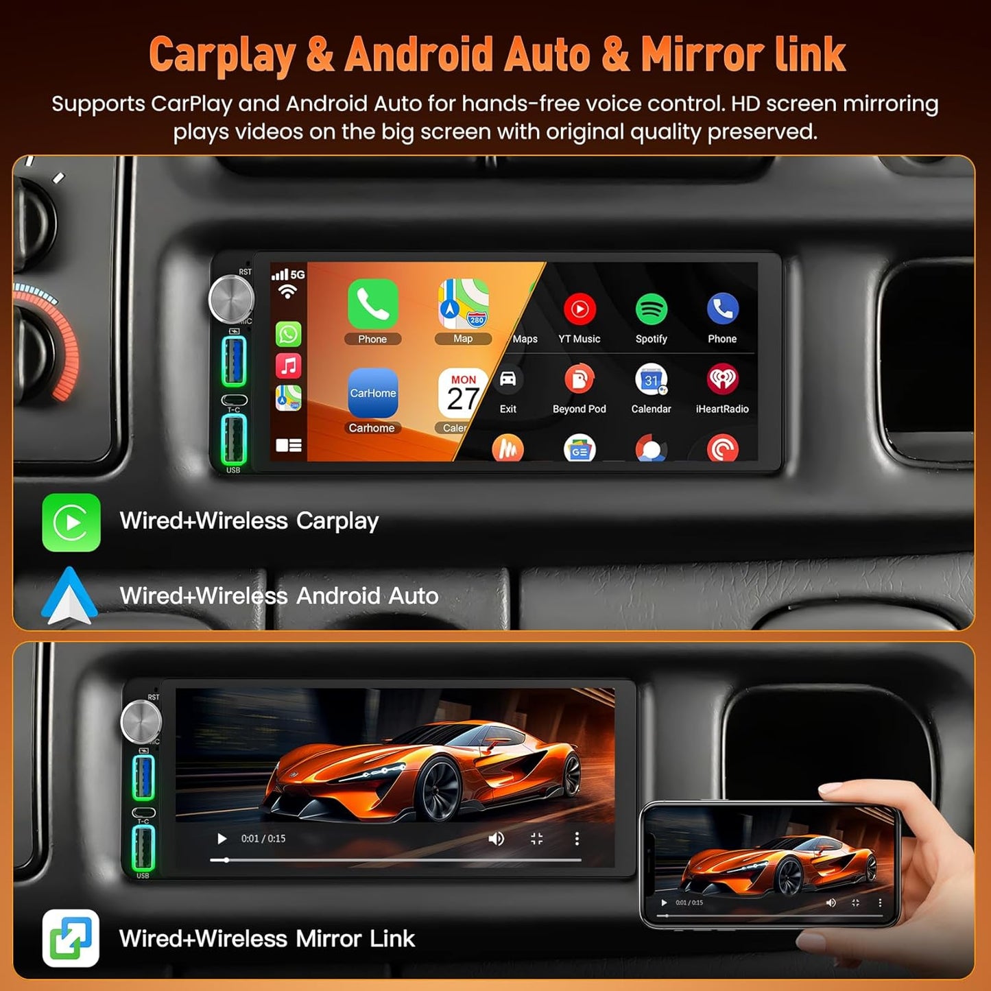 (8Core + Android 15) 6.8 Inch QLED Touch Screen Car Radio for Dodge Ram 1500 2500 (1994-2001),for Dodge Grand Caravan (1992-2000), Support Carplay& Android Auto& Mirror Link &Bluetooth&GPS&FM Radio For Dodge Ram 1500/2500 1994-2001