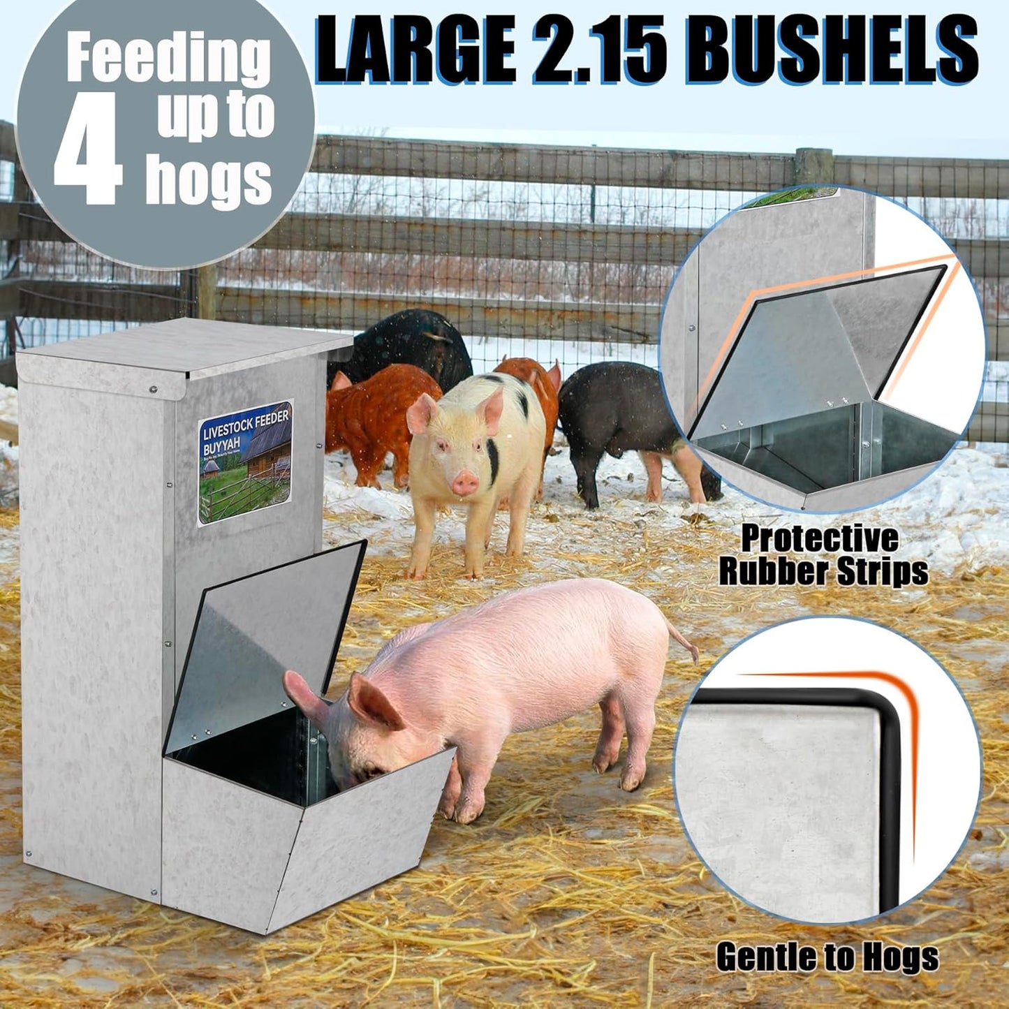 BUYYAH Hog Feeder, 2.15 Bushels Capacity, Durable Galvanized Steel Hog Feeder, Moisture Proof Piglet Creep Feeder with Protective Rubber Sides, 2 Top