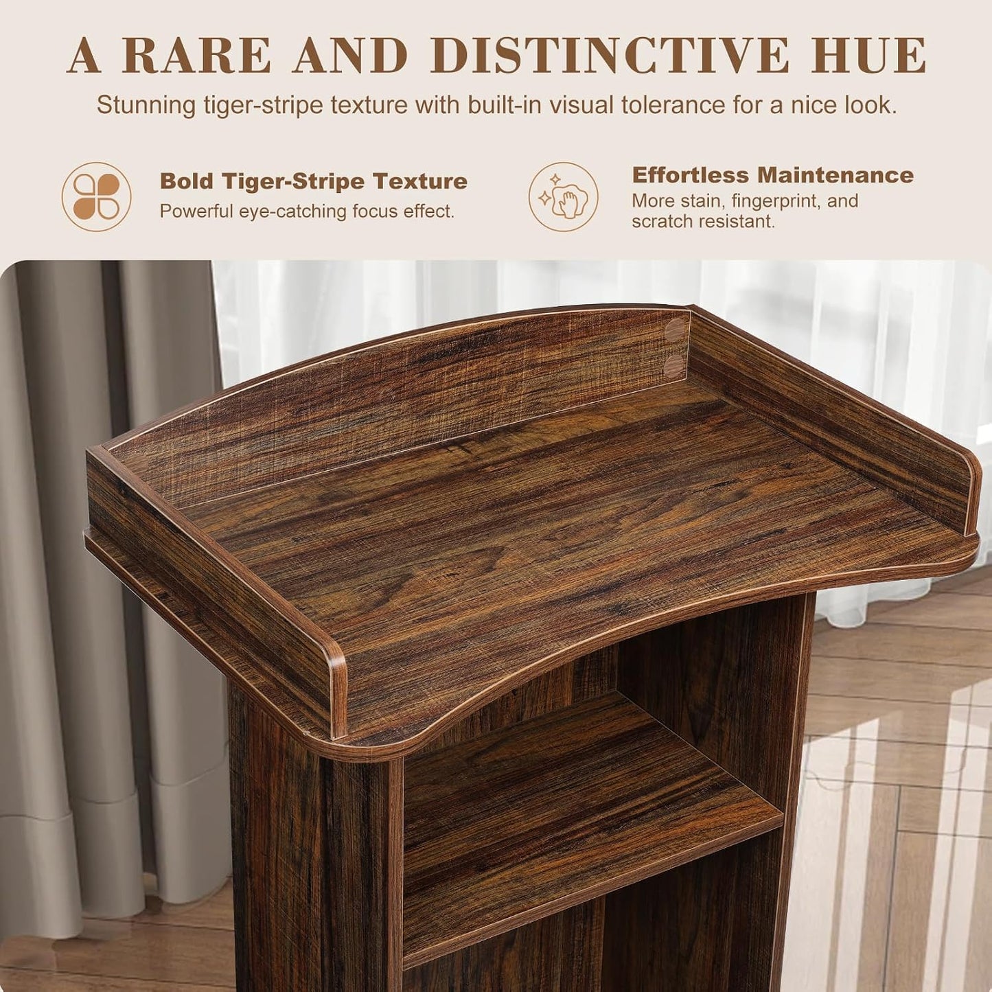 Wooden Podium Lectern Stand with Wheels, 3 Storage Shelves, Black Walnut, for Church Classroom
