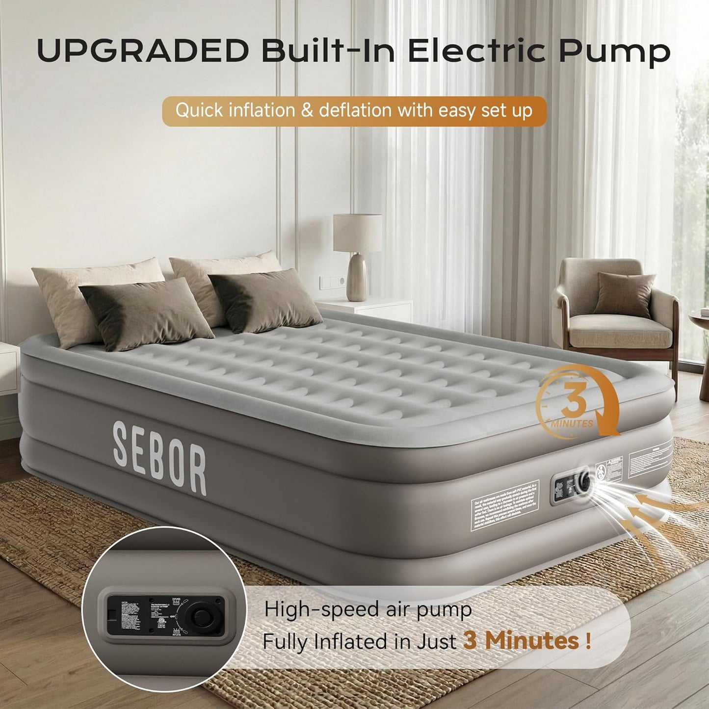 Sebor Air Mattress Twin with Built-in Pump 18", Comfortable Self-Inflating Blow up Mattress with High-Speed Pump, Durable Twin Size Air Mattress with Storage Bag for Guests, Moving, Camping, Travel